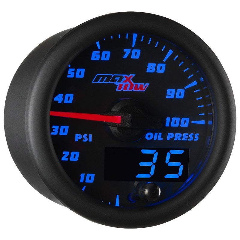 MaxTow Double Vision 100 PSI Oil Pressure Gauge Kit - Includes Electronic Sensor - Black Gauge Face - Blue LED Illuminated Dial - Analog & Digital Readouts - for Trucks - 2-1/16" 52mm - Image 1